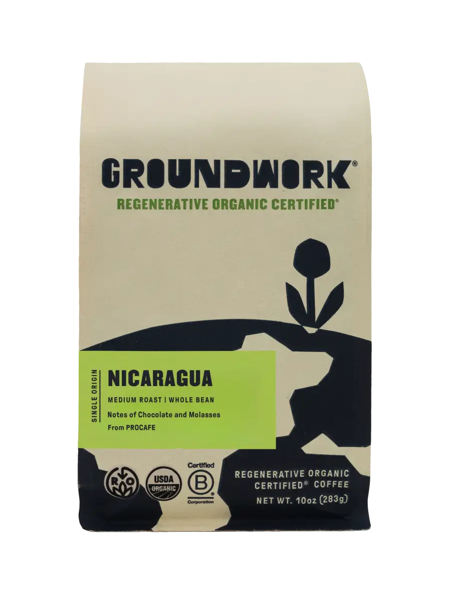 Groundwork Coffee’s Regenerative Organic Certified® Nicaragua PROCAFE comes in a beige bag with black art, a green label, and notes of molasses and chocolate.