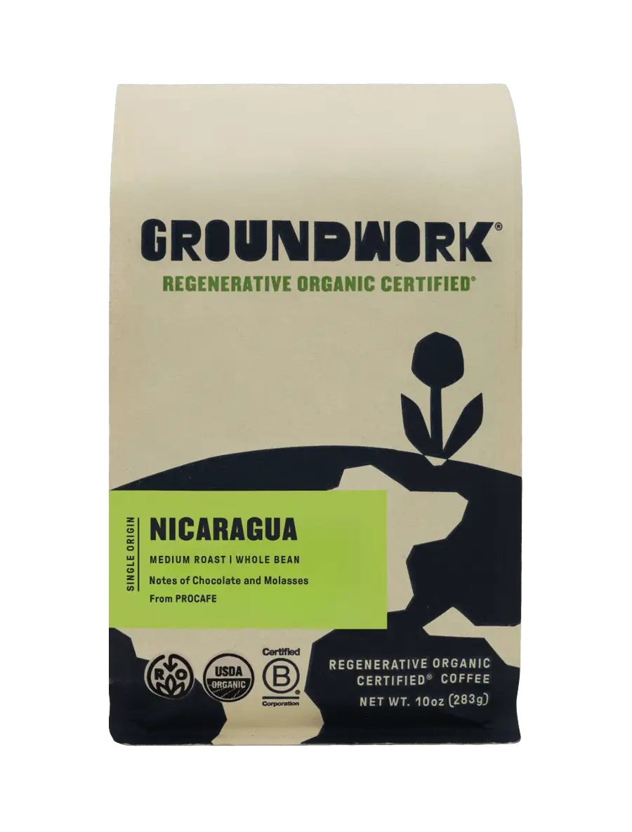 A beige bag of Groundwork Coffee Regenerative Organic Certified® Nicaragua PROCAFE whole bean coffee with chocolate and molasses notes.