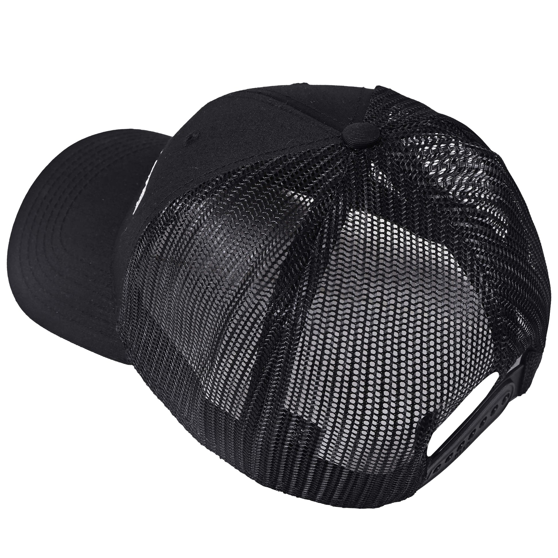 A black Groundwork Coffee Groundwork Trucker Hat with mesh back and adjustable snapback, seen from the back and slightly above.