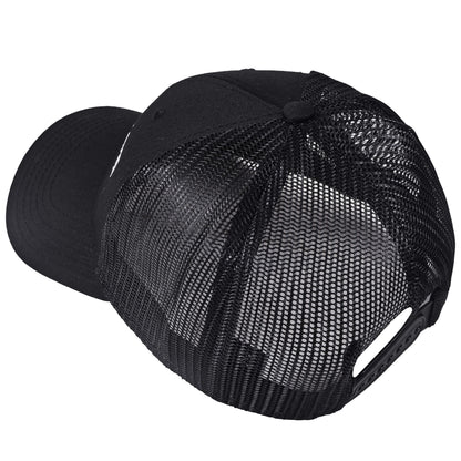 A black Groundwork Coffee Groundwork Trucker Hat with mesh back and adjustable snapback, seen from the back and slightly above.
