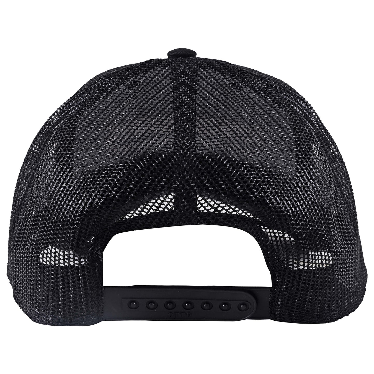 The image shows the back view of a Groundwork Coffee black Groundwork Trucker Hat with a mesh back and adjustable snapback closure.
