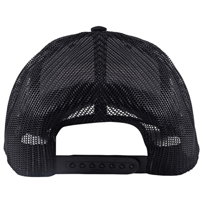 The image shows the back view of a Groundwork Coffee black Groundwork Trucker Hat with a mesh back and adjustable snapback closure.