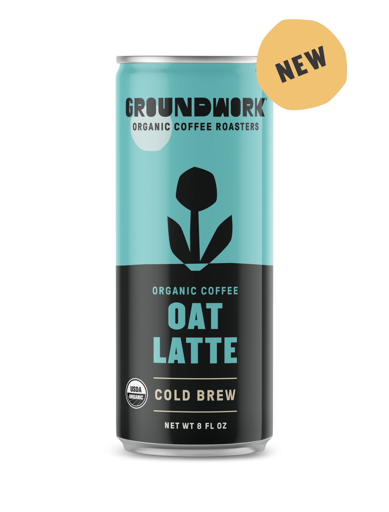 A can of Groundwork Coffee Organic Cold Brew Latte with a blue and black design, flower graphic, and yellow "NEW" label on the top right.