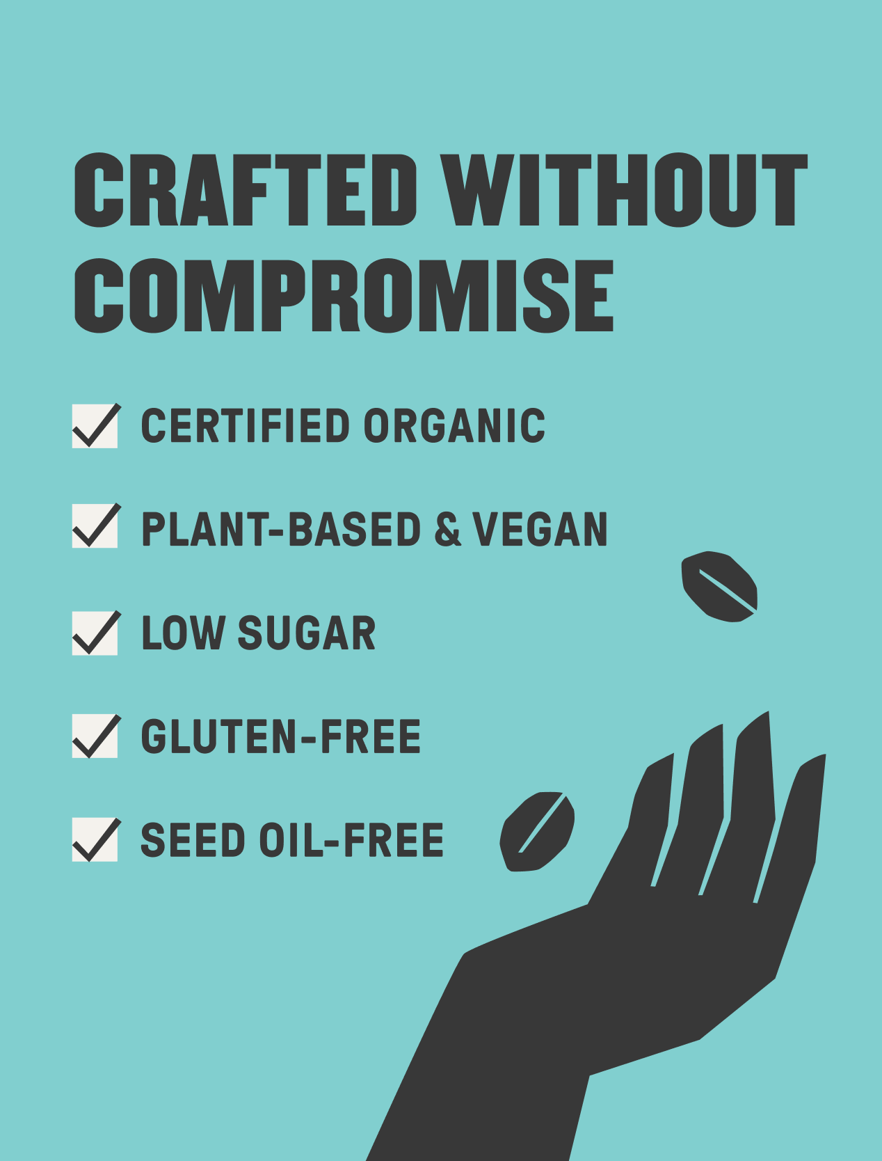 Graphic for Groundwork Coffee’s Organic Cold Brew Latte: Crafted Without Compromise — certified organic, plant-based & vegan, low sugar, gluten-free, seed oil-free. Hand and coffee bean art.