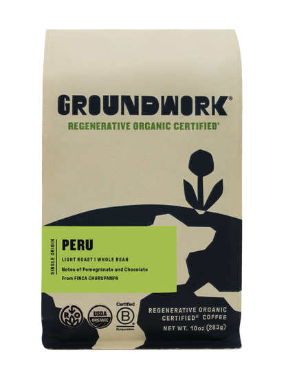 A 10 oz bag of Groundwork Coffee Regenerative Organic Certified® Peru FINCA CHURUPAMPA whole bean, light roast, with pomegranate and chocolate notes.