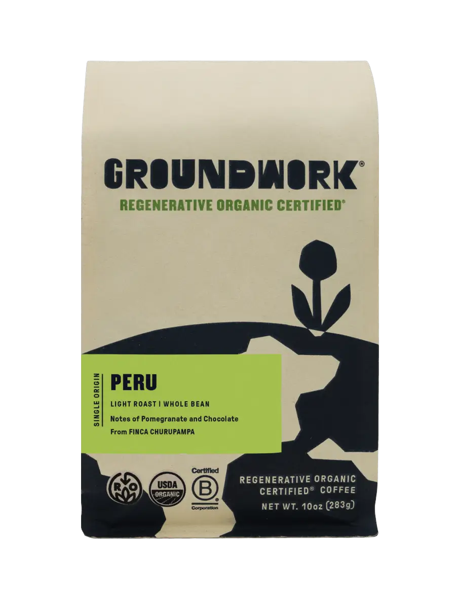 A 10 oz bag of Groundwork Coffee Regenerative Organic Certified® Peru FINCA CHURUPAMPA whole bean, light roast, with pomegranate and chocolate notes.