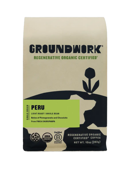 A 10 oz bag of Groundwork Coffee Regenerative Organic Certified® Peru FINCA CHURUPAMPA whole bean, light roast, with pomegranate and chocolate notes.