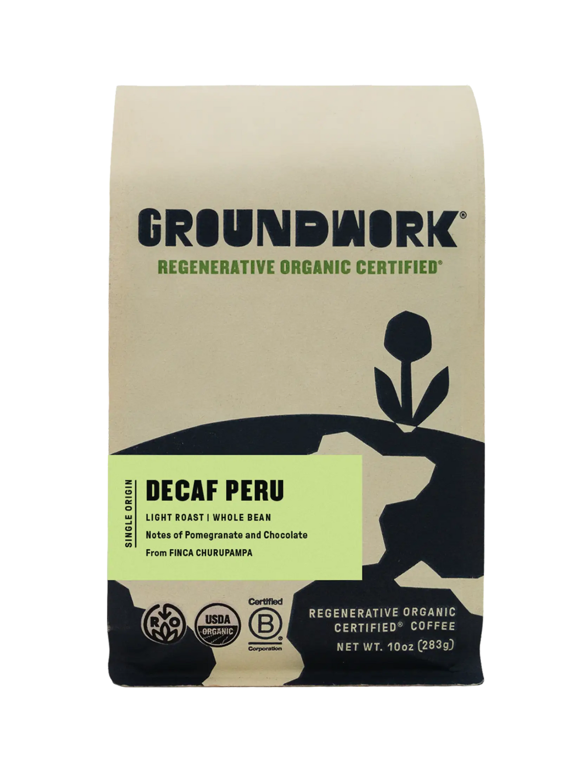 A bag of Regenerative Organic Certified® Decaf Peru medium roast decaf whole bean coffee with pomegranate and chocolate flavor notes.
