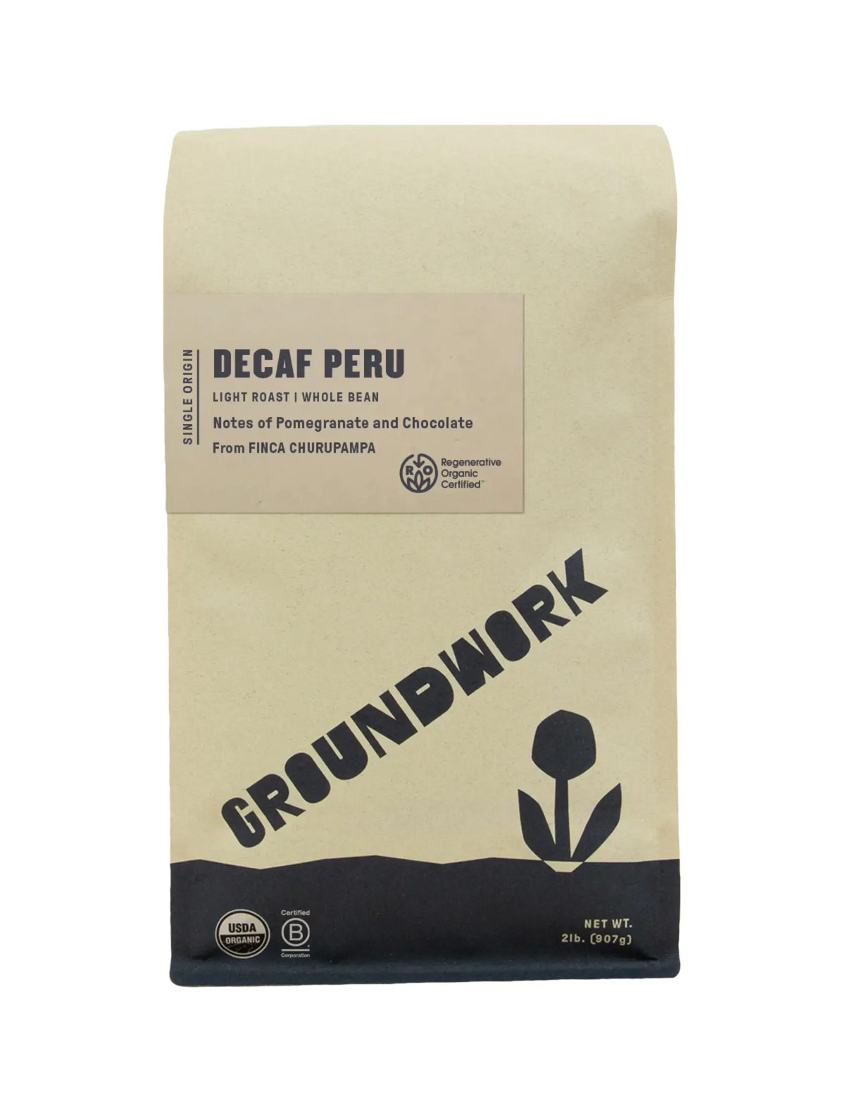 A bag of Groundwork Coffee Regenerative Organic Certified® Decaf Peru whole bean coffee with notes of pomegranate and chocolate, featuring USDA Organic and B Corp certification logos.