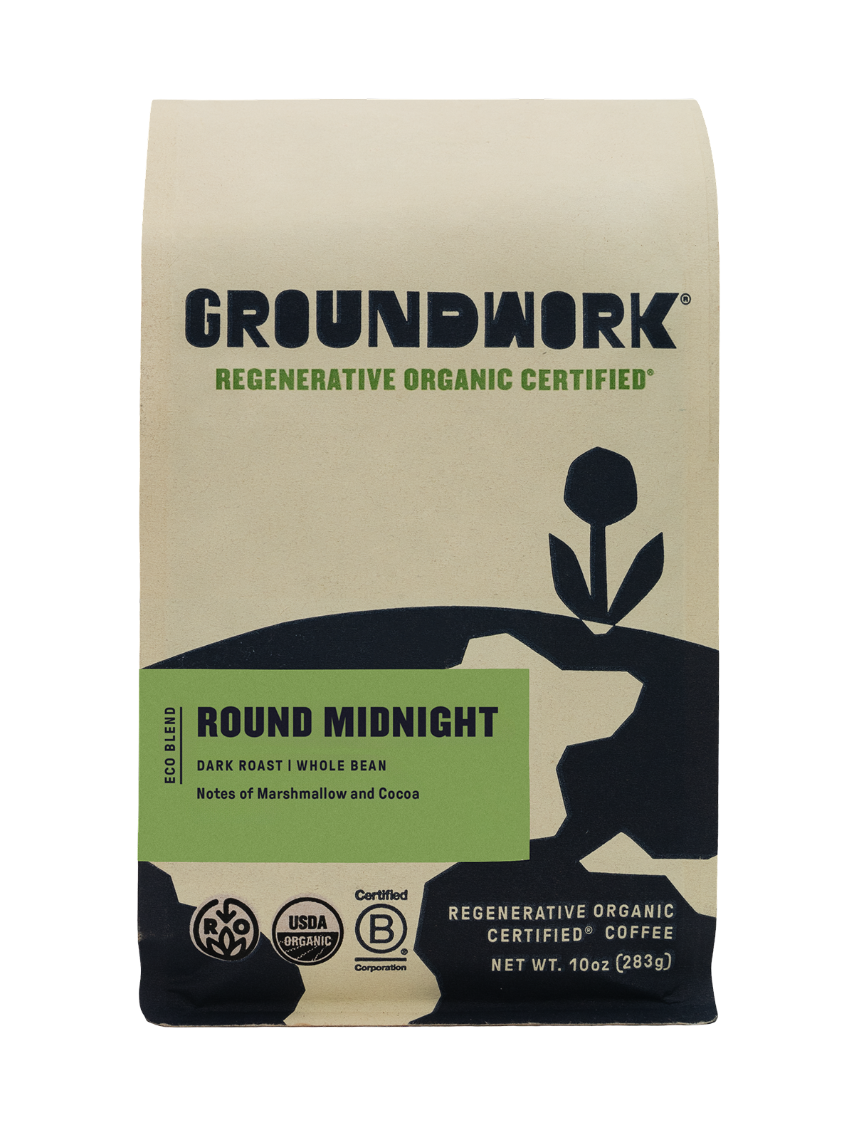 Enjoy a bag of Groundwork Coffee's Regenerative Organic Certified® Round Midnight, whole bean dark roast with toasted marshmallow notes.