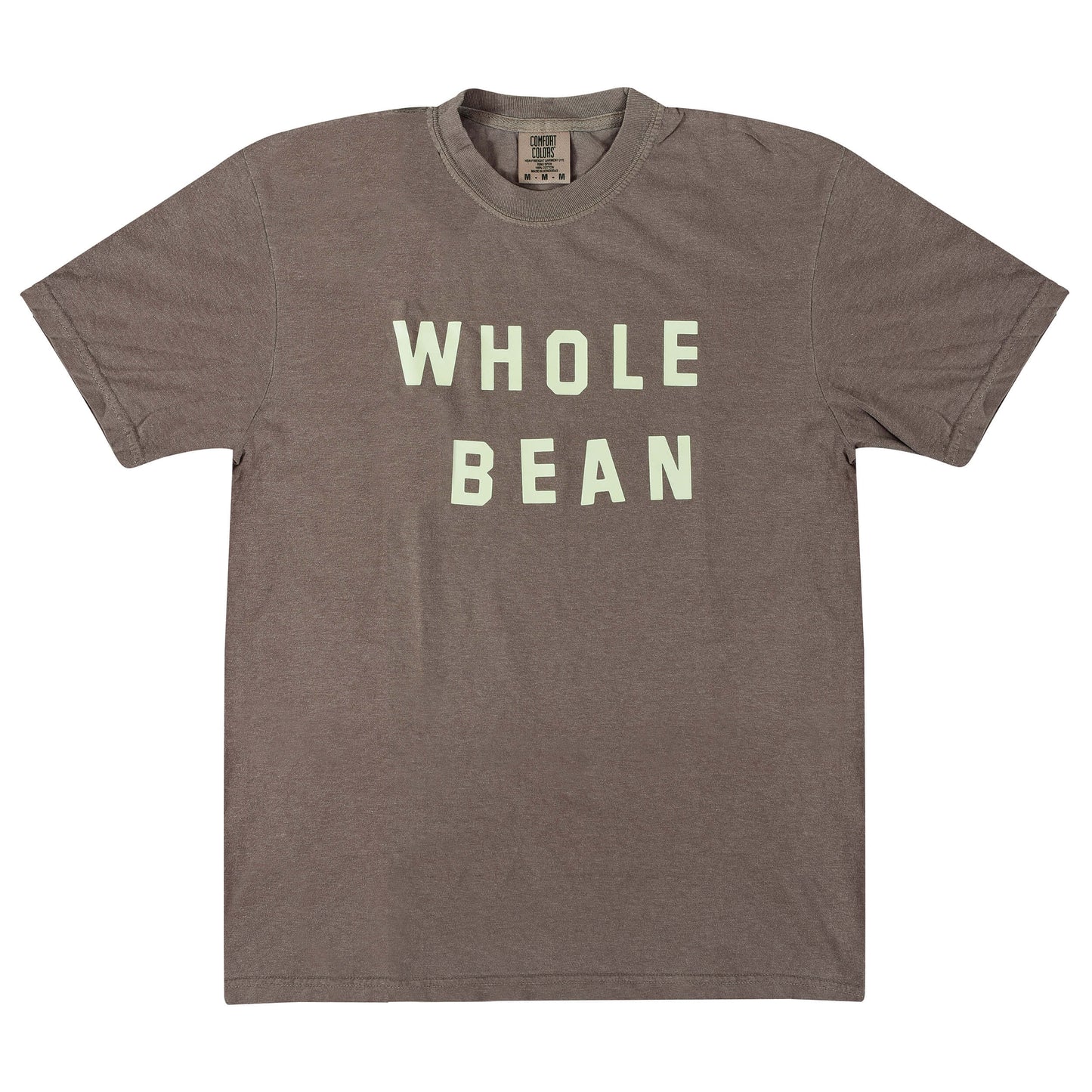 Front view of brown short sleeve t-shirt with WHOLE BEAN heat pressed in slightly irregular light green block letters across the chest