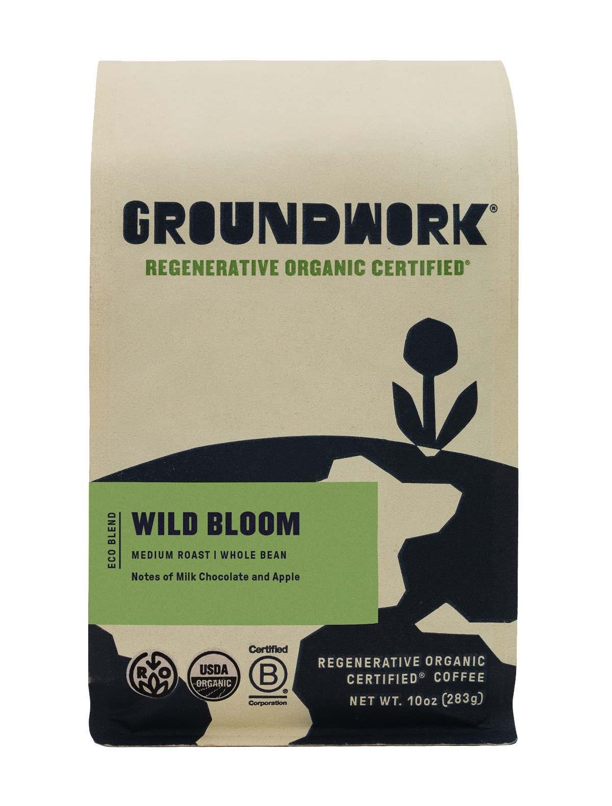 A beige and black bag of Groundwork Coffee Regenerative Organic Certified® Wild Bloom medium roast, with plant art and notes of milk chocolate and apple. Whole bean.
