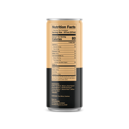 Groundwork Coffee Organic Cold Brew Latte: beige/black label, 80 calories per 8 fl oz; ingredients include water, dates, coffee, and cashew.