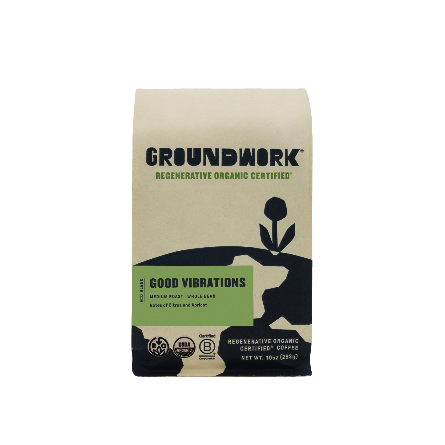 A bag of Groundwork Coffee Store's Regenerative Organic Certified® Good Vibrations whole bean coffee, medium roast with citrus and apricot notes, on a plain background.