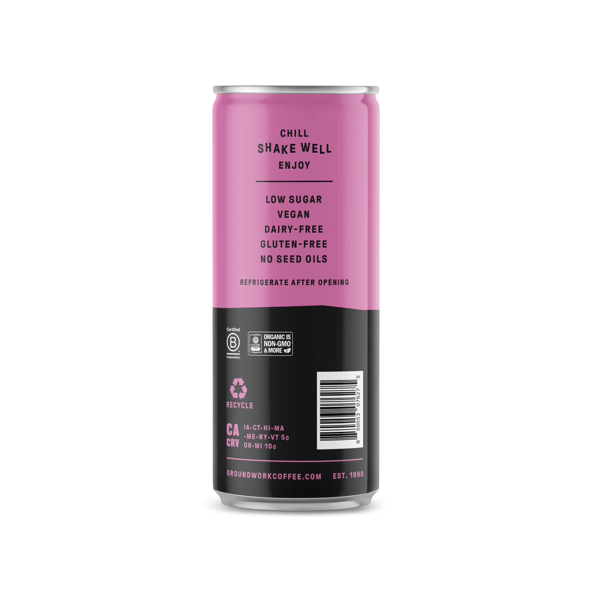 A pink and black can of Groundwork Coffee Organic Cold Brew Latte lists: low sugar, vegan, dairy-free, gluten-free, no seed oils. Chill, shake well, enjoy. Recycling info and website below.