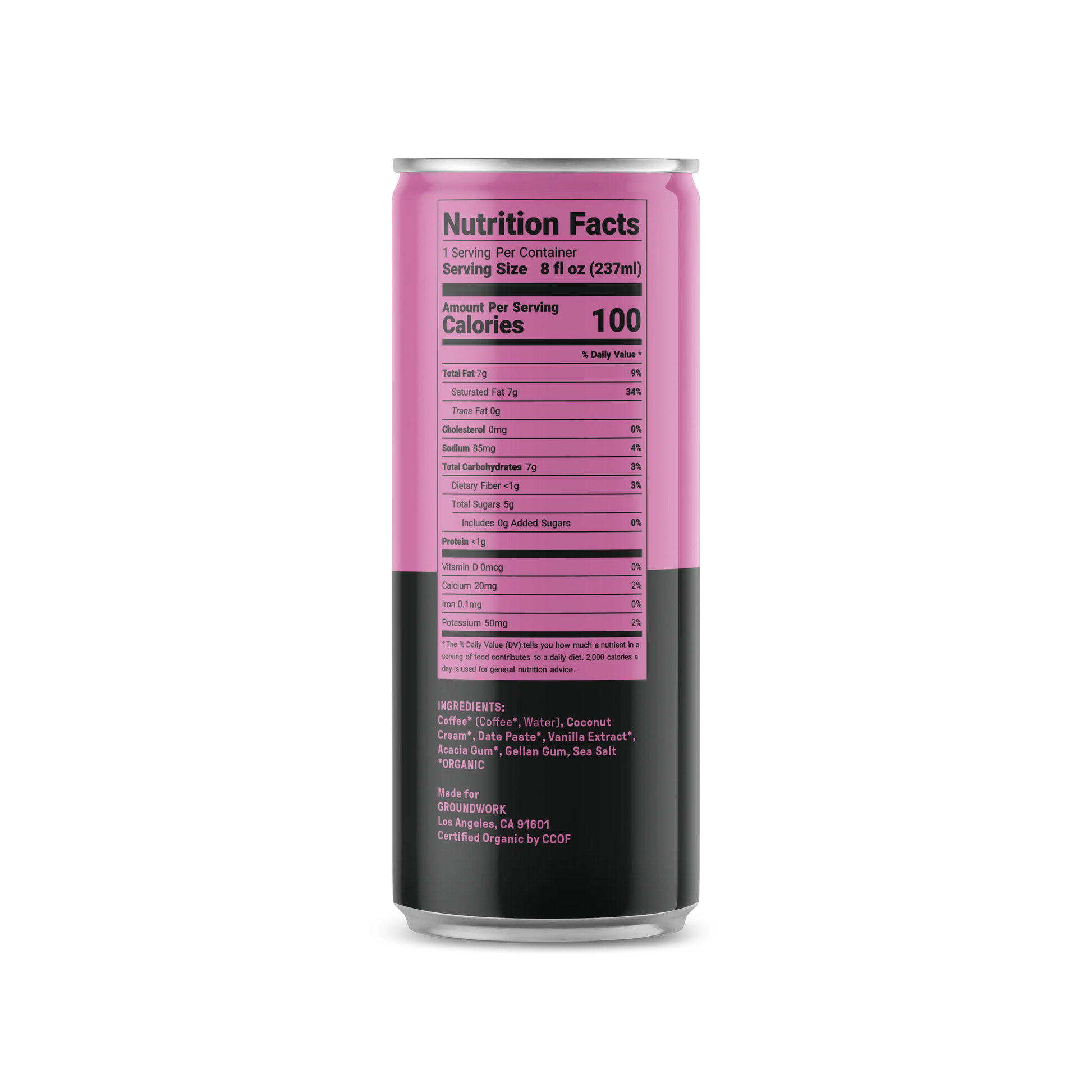 A tall can of Groundwork Coffee's Organic Cold Brew Latte features a pink and black label with nutrition facts and ingredients like coconut water and vanilla extract.