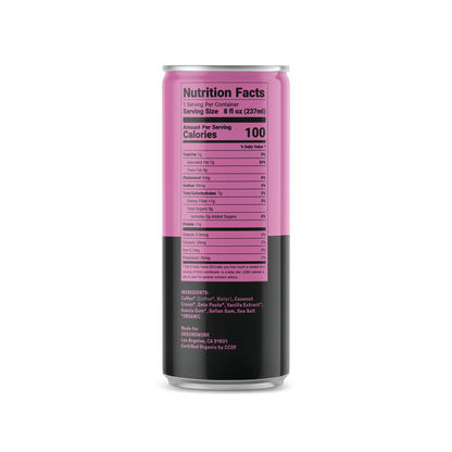 A tall can of Groundwork Coffee's Organic Cold Brew Latte features a pink and black label with nutrition facts and ingredients like coconut water and vanilla extract.