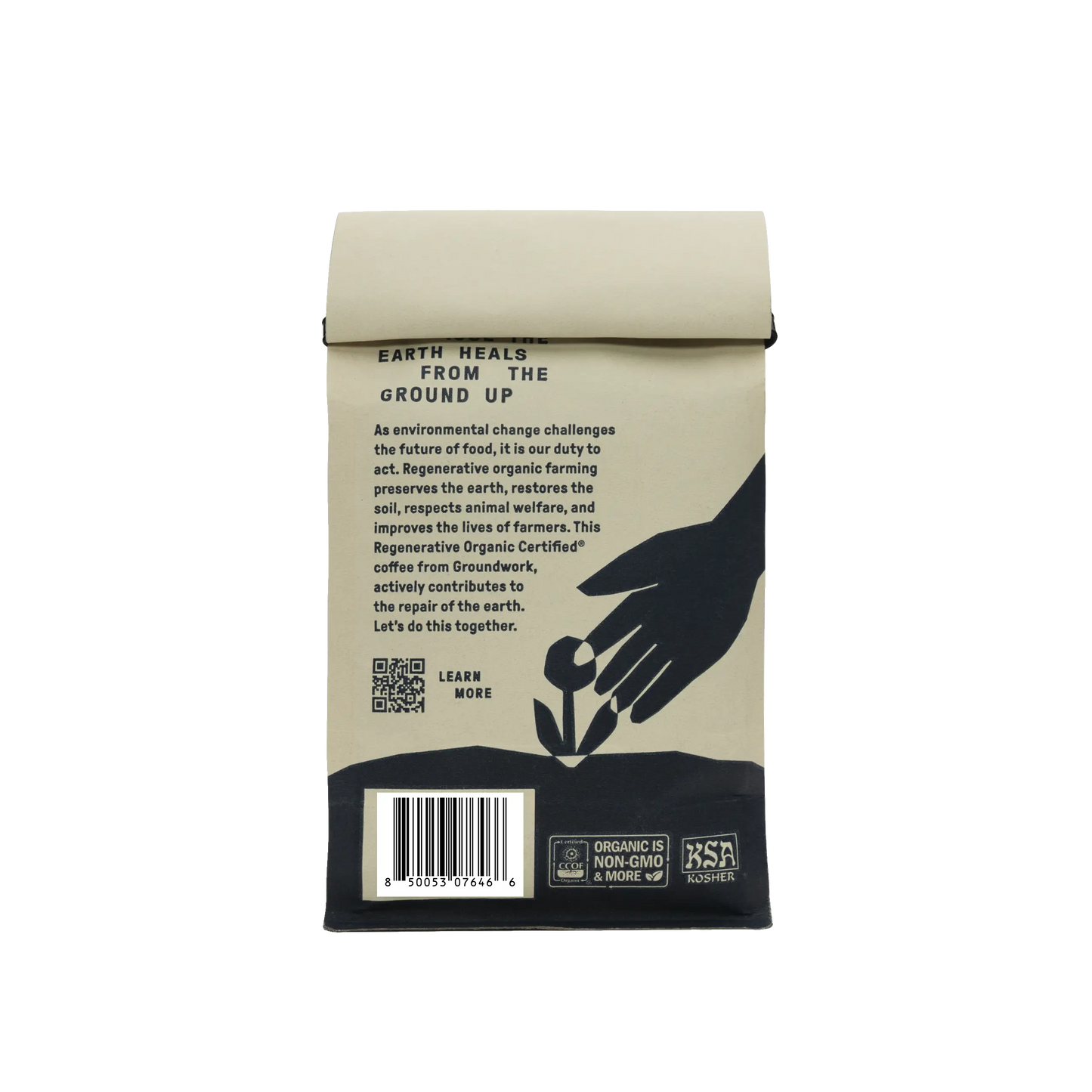 Groundwork Coffee Store’s Regenerative Organic Certified® Good Vibrations features a hand planting seedling, notes of apricot/citrus, and organic, non-GMO, and kosher logos at the bottom.