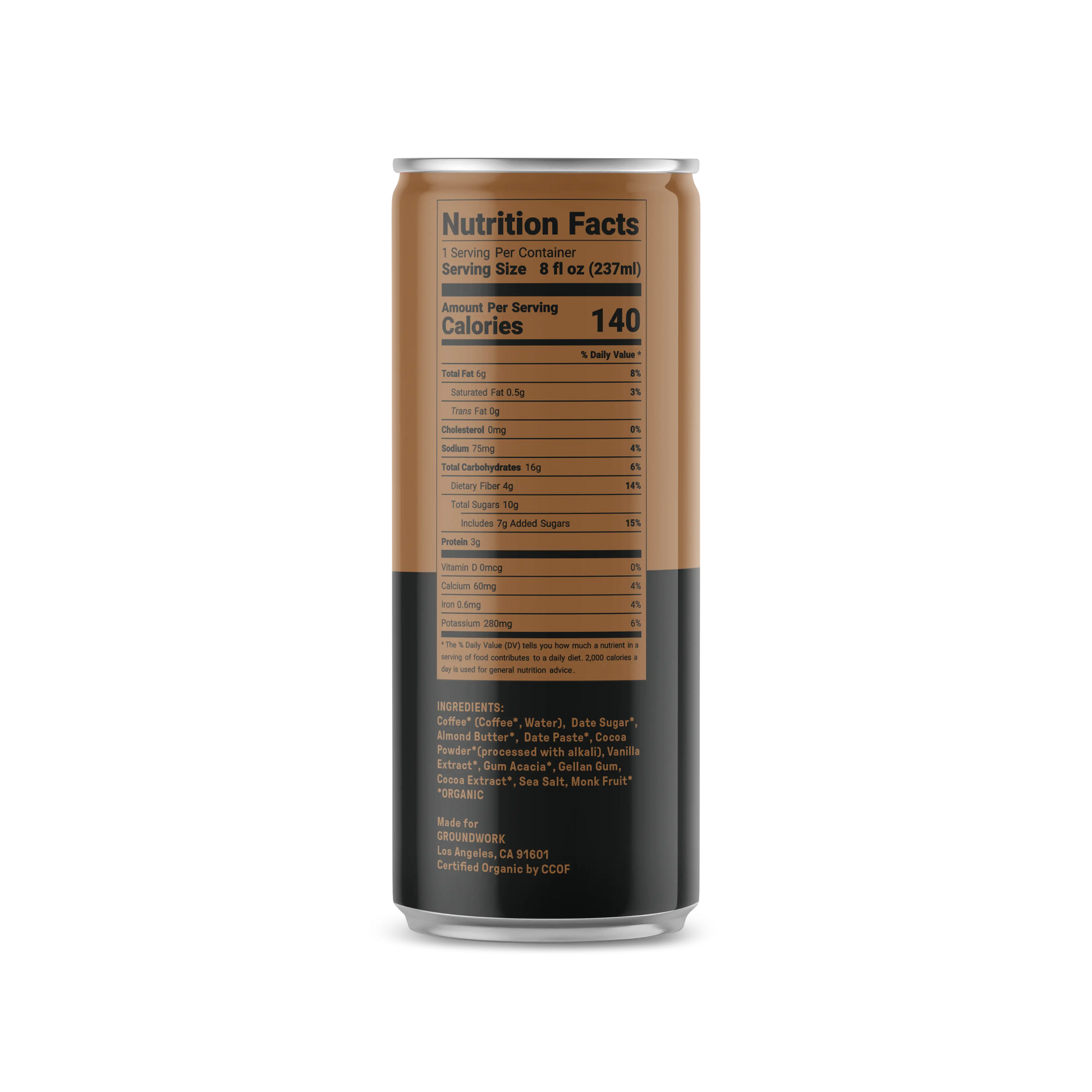 A can of Groundwork Coffee Organic Cold Brew Latte displays its nutrition facts label and ingredients list on the back.