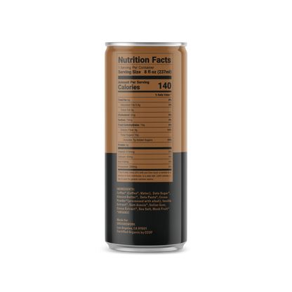 A can of Groundwork Coffee Organic Cold Brew Latte displays its nutrition facts label and ingredients list on the back.