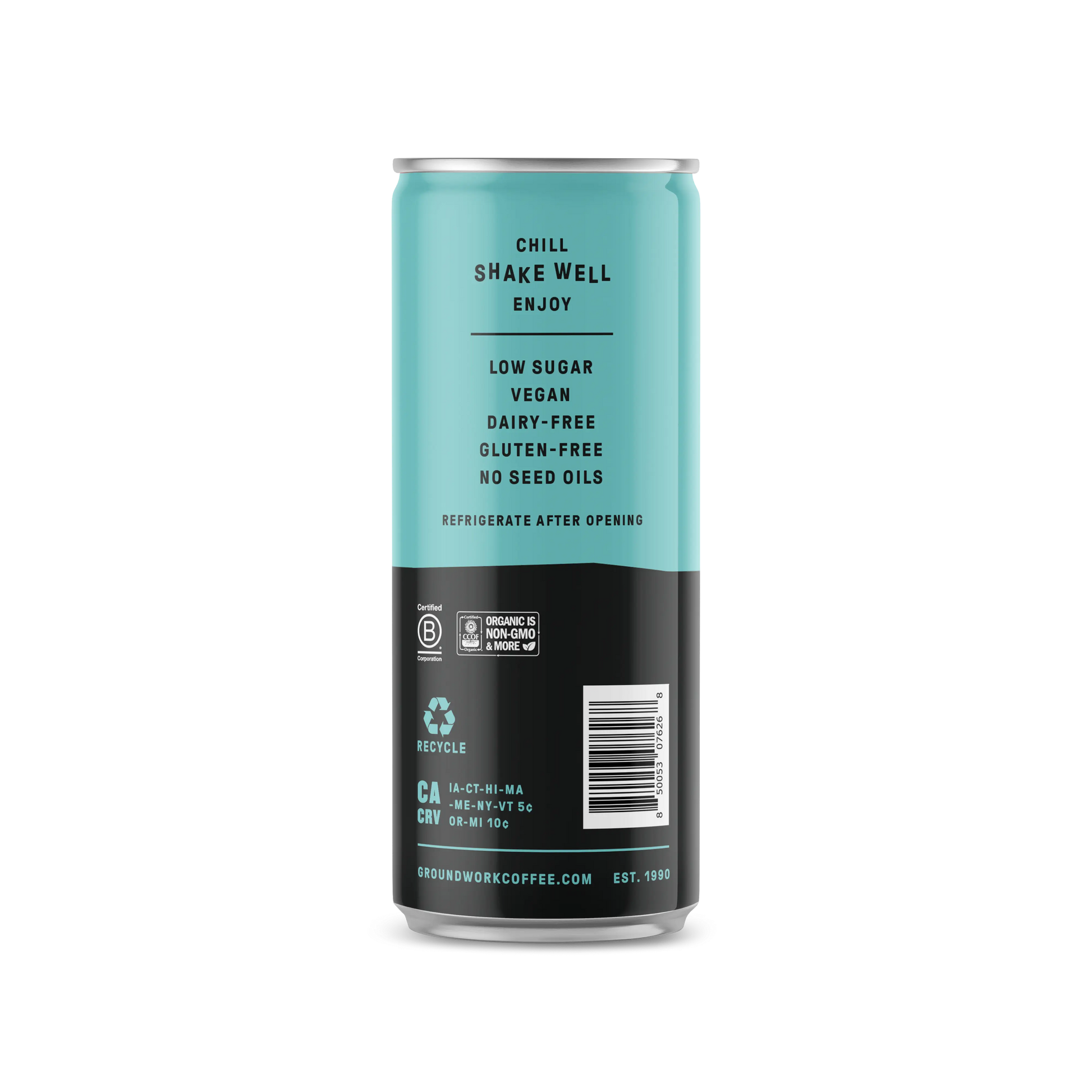 A blue and black Groundwork Coffee Organic Cold Brew Latte can lists: chill, shake well, enjoy, low sugar, vegan, dairy-free, gluten-free, no seed oils; instructions and recycling info included.