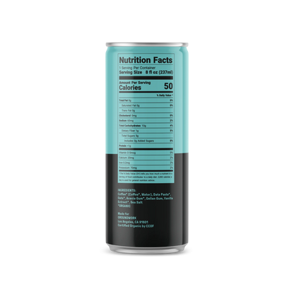 A tall can of Groundwork Coffee Organic Cold Brew Latte, with a blue and black label displaying nutrition facts, stands upright on a white background.