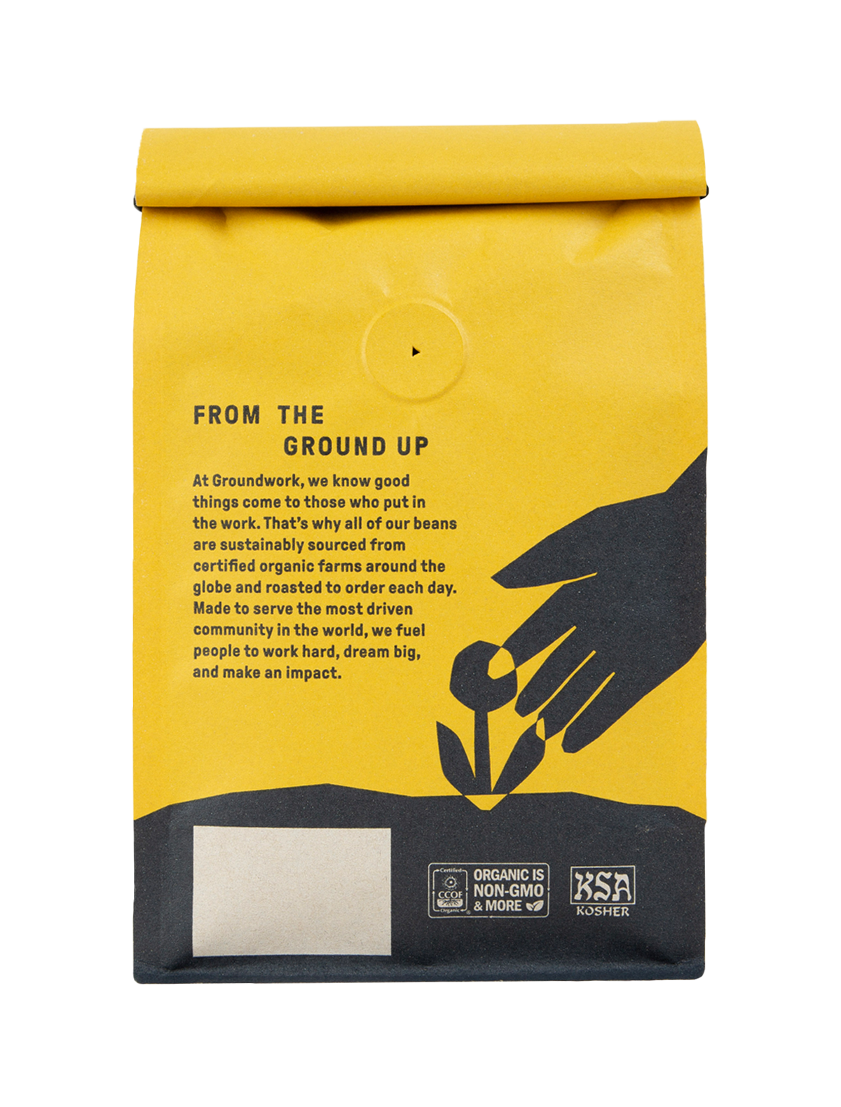 Back of bag 12oz Decaf Organic Black Magic Medium roast 