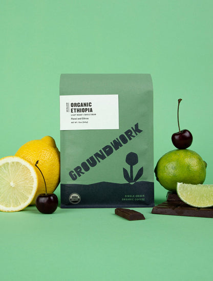 12oz Organic Single Origin Ethiopia light roast with tasting notes