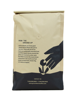 back of bag 5lb Decaf Organic Angel City Light roast