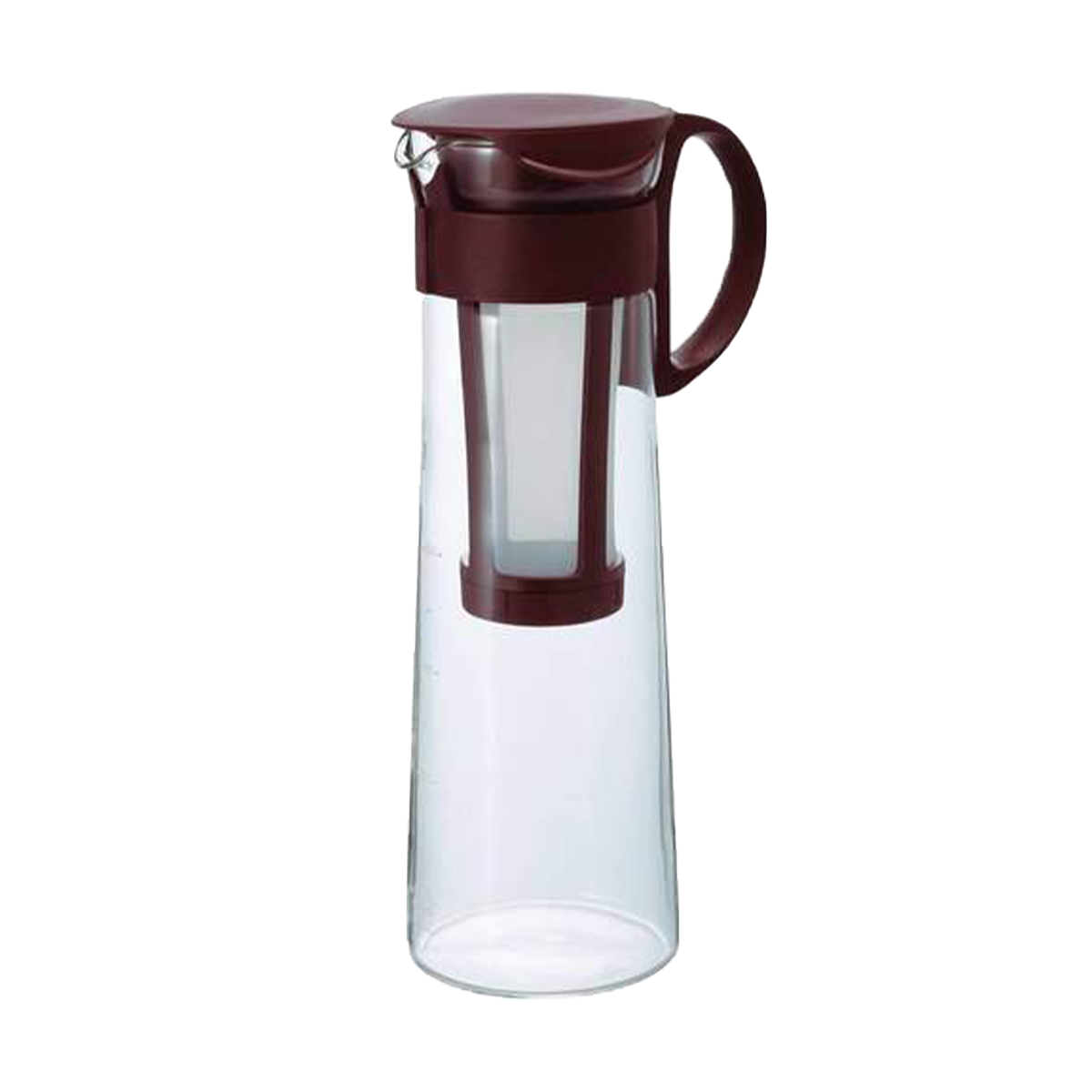 high quality heatproof glass Dishwasher safe 1l brewing vessel with brown or red plastic handle and filter.