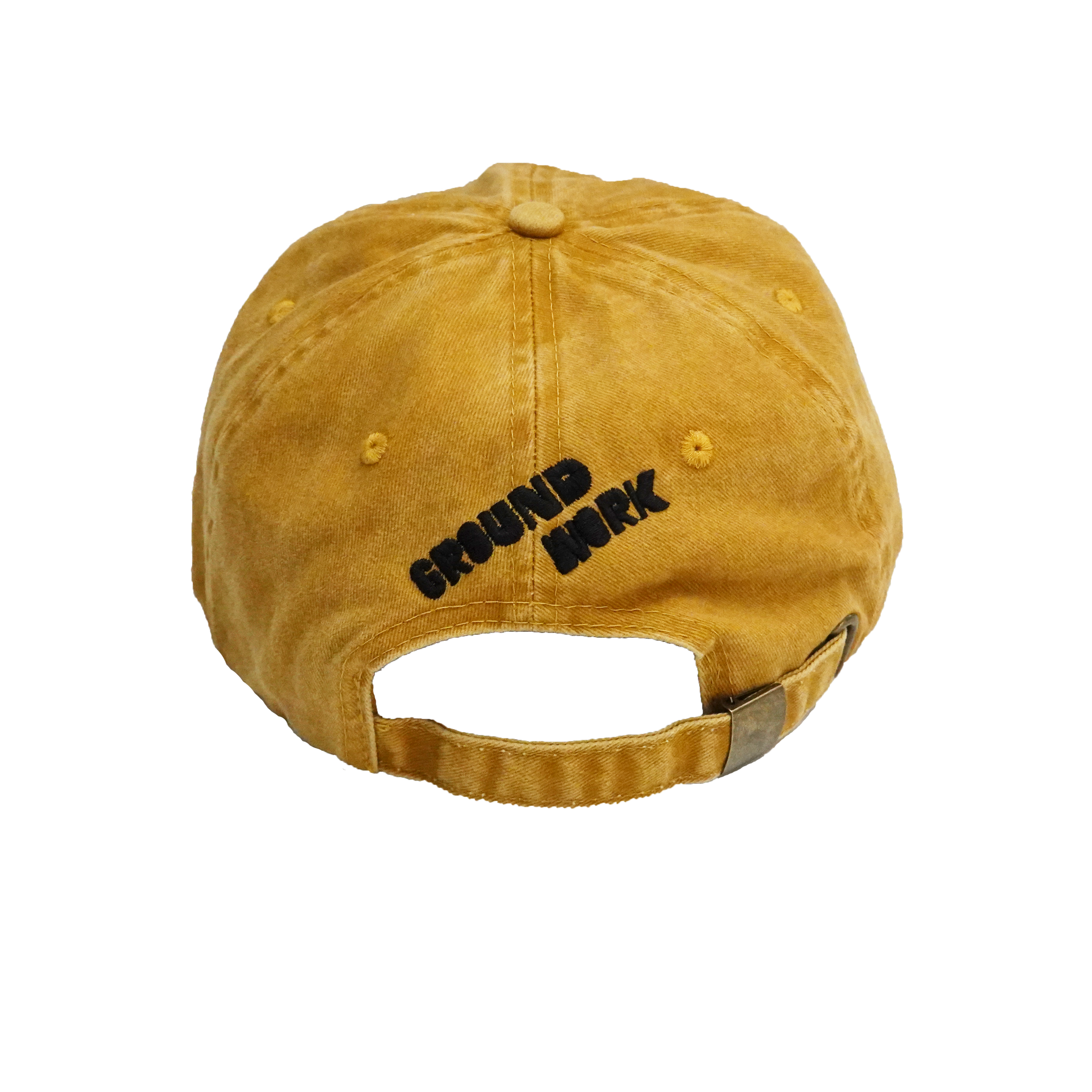 Groundwork unstructured 6-panel cotton hat in marigold with embroidered Groundwork Stacked logo on back of hat