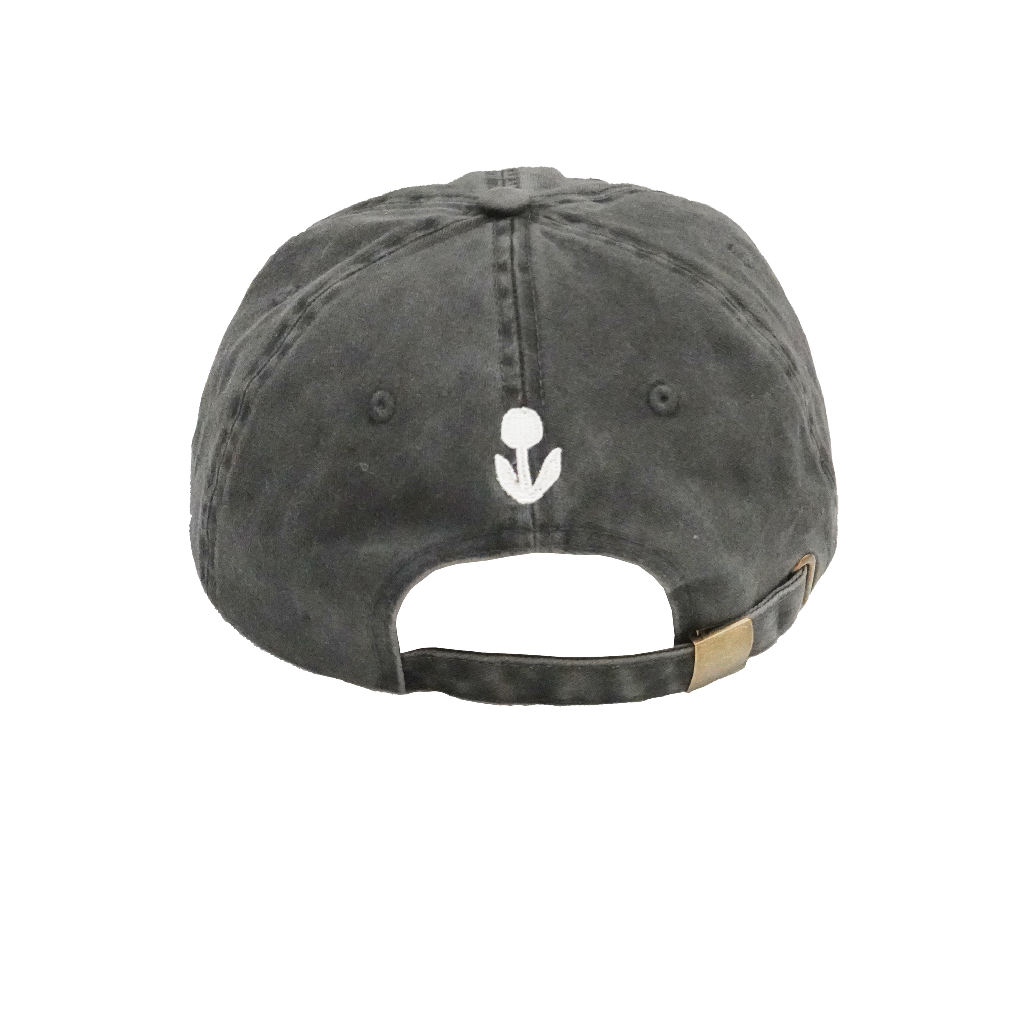 An unstructured 6-panel cotton hat with embroidered flower logo back of hat