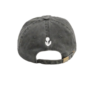 An unstructured 6-panel cotton hat with embroidered flower logo back of hat