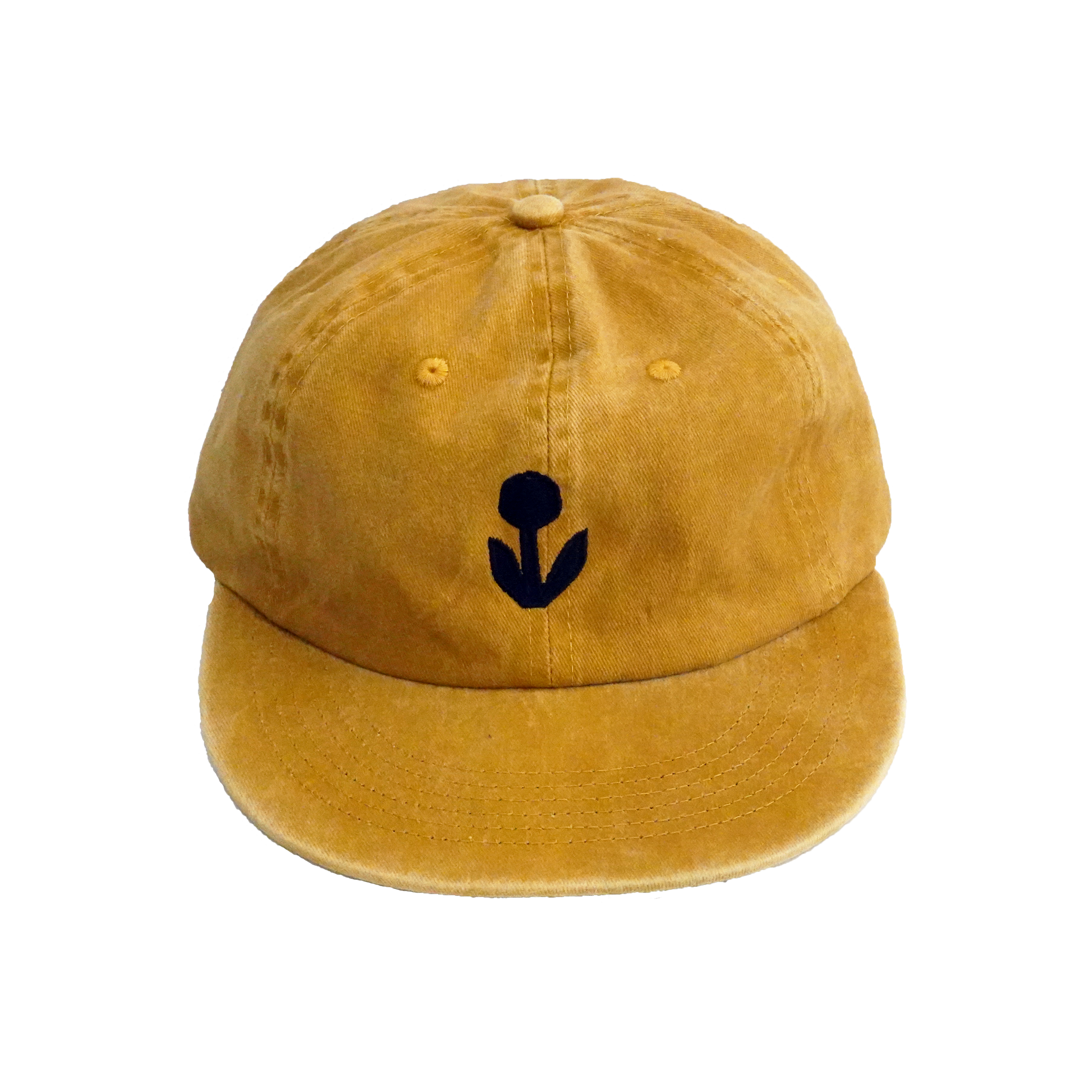 Groundwork unstructured 6-panel cotton hat in marigold with embroidered flower logo on front.