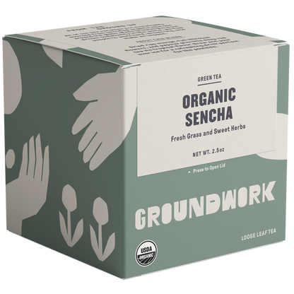 organic sencha tea with notes of fresh grass and sweet herbs